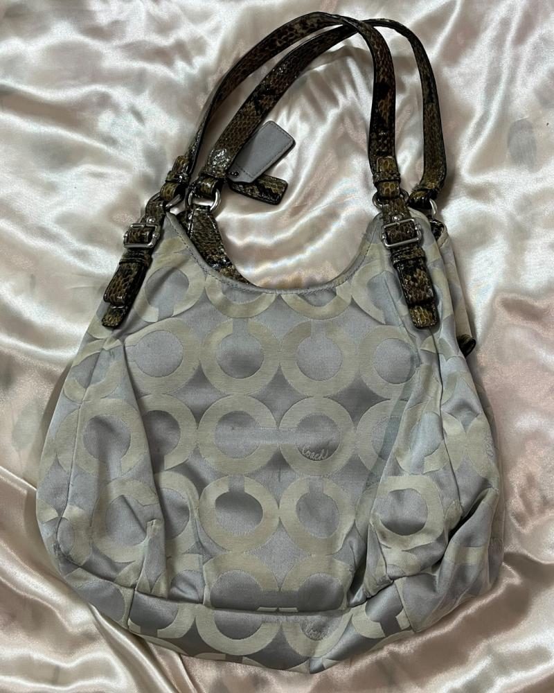 Coach Silver Signature Canvas Shoulder Bag with Snakeskin Print Trim
