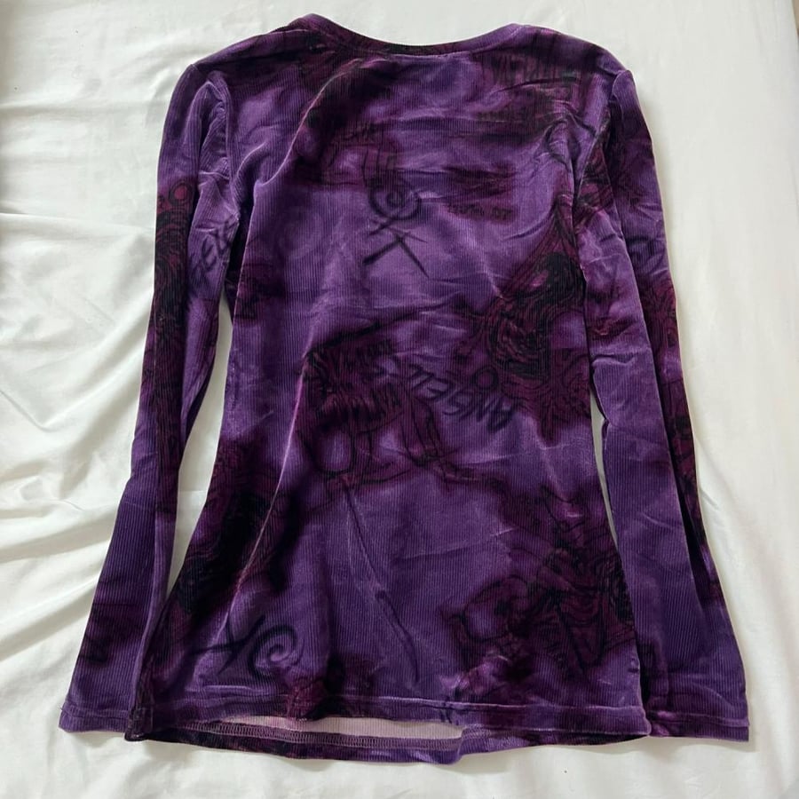 Fellow Paris Purple Velvet Graphic Long-Sleeve Top - size L