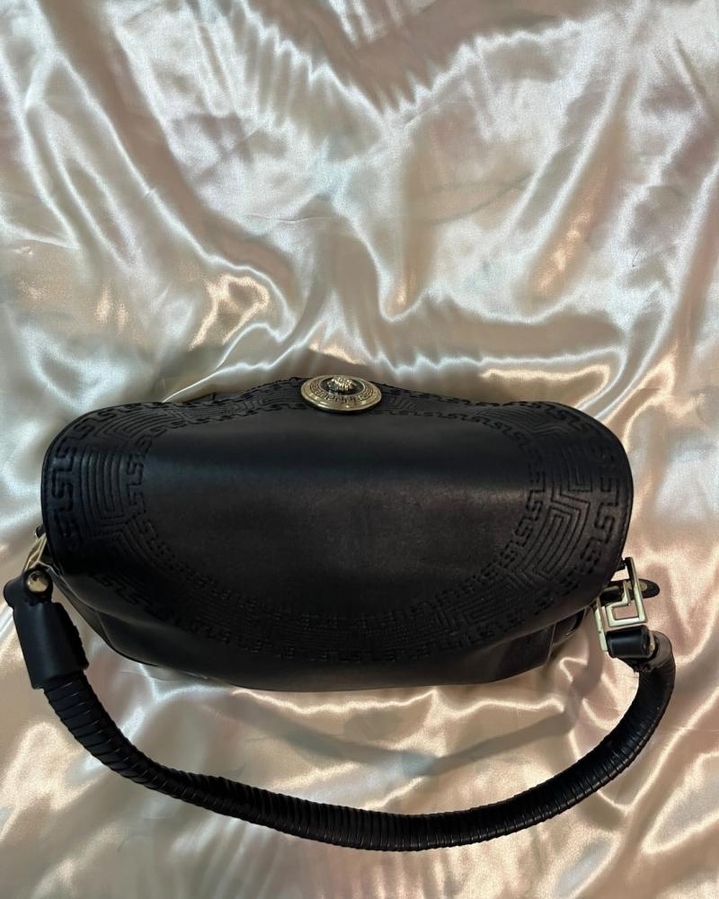 Versace Black Leather Shoulder Bag with Medusa Emblem and Greek Key Border