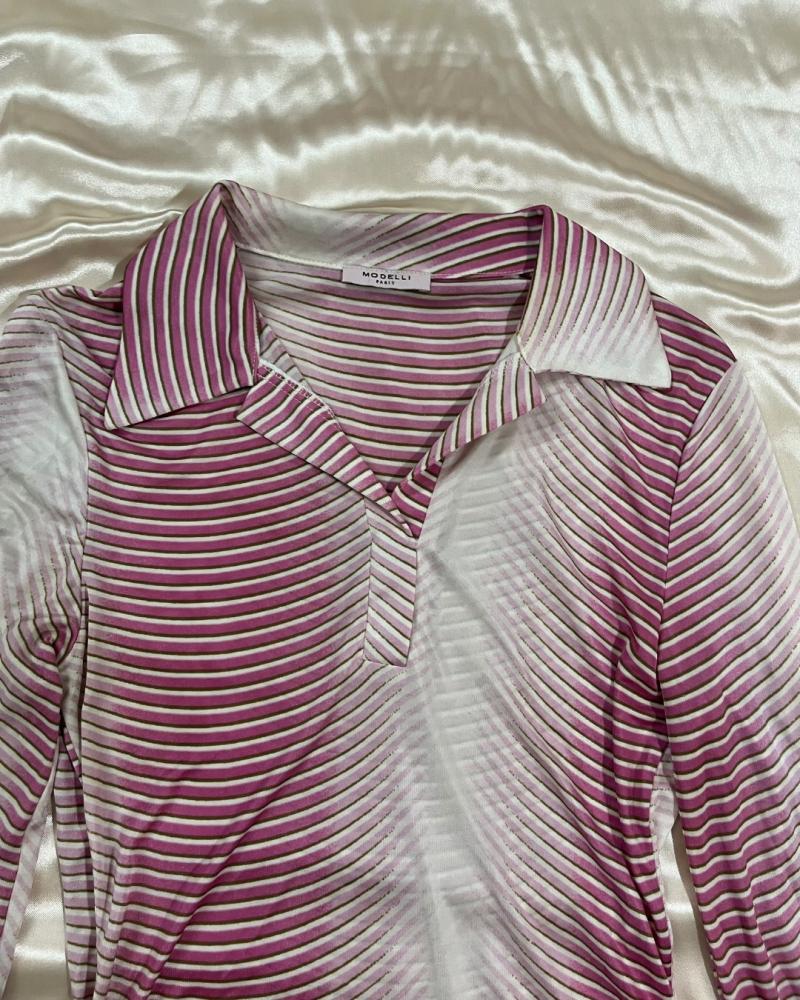 Modelli Paris Pink and White Striped Long Sleeve Polo Shirt - Size S-m