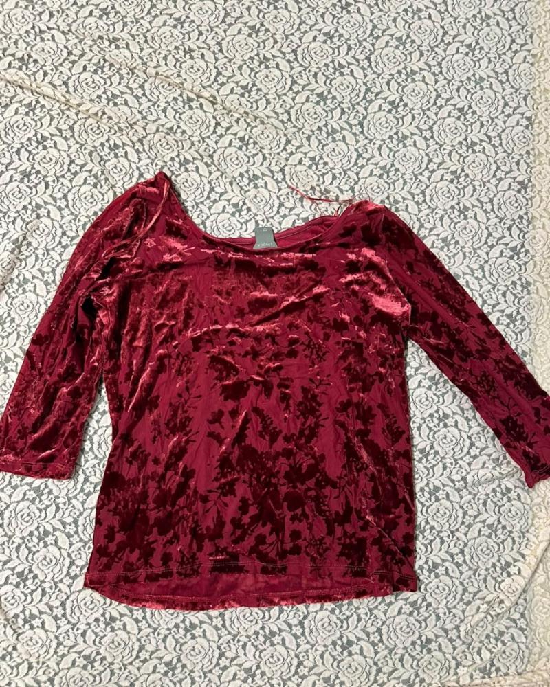 Lindex Burgundy Velvet Floral Long Sleeve Top - Size L