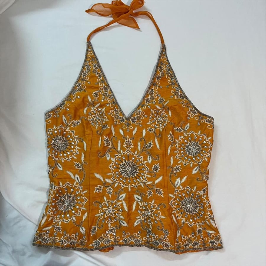 Aftershock Orange Floral Beaded Halter Top - Size L