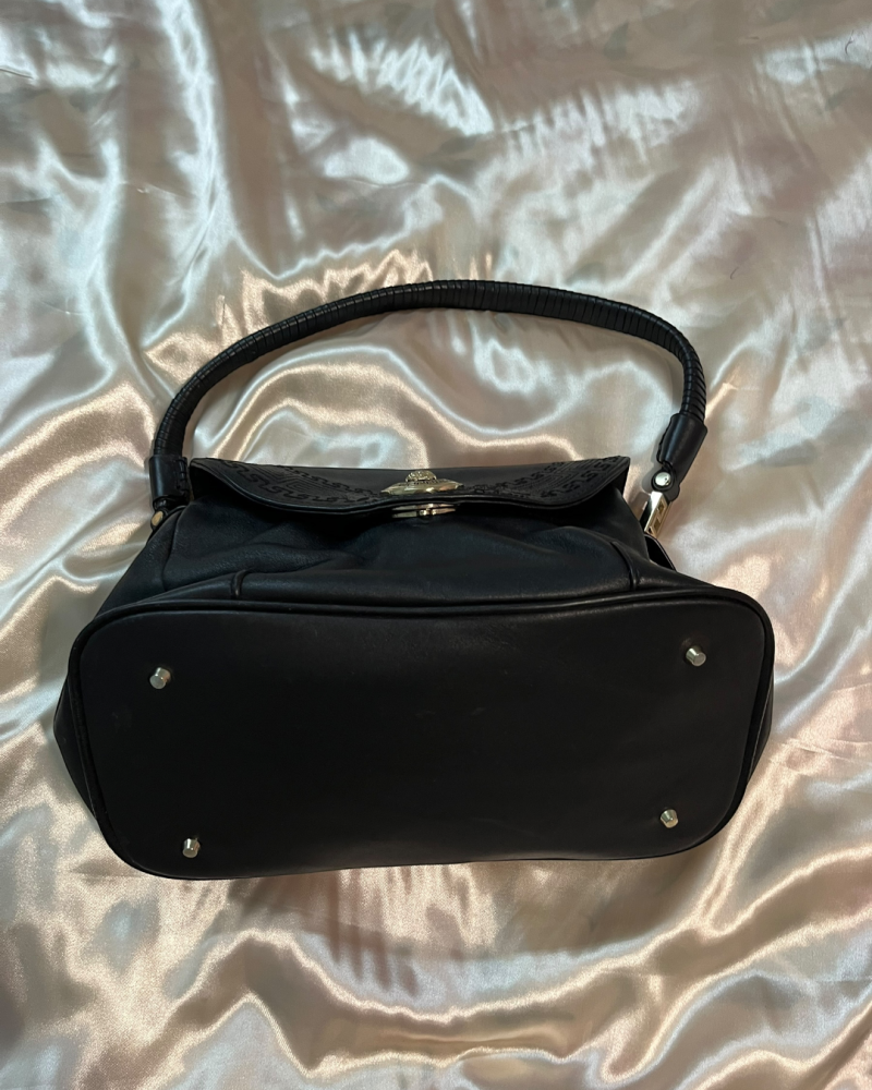Versace Black Leather Shoulder Bag with Medusa Emblem and Greek Key Border