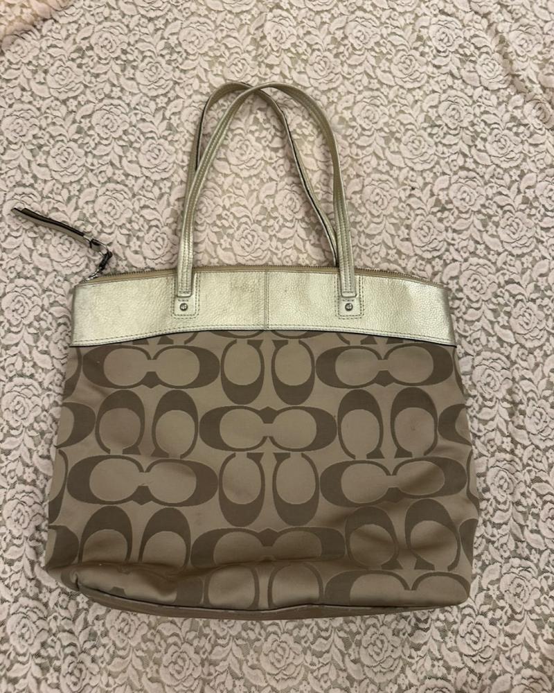 Coach Brown Monogram Canvas Tote Bag with Metallic Gold Accent