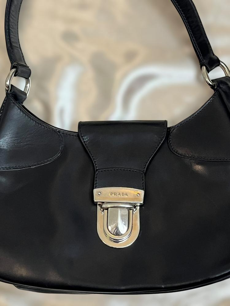 Prada Black Leather Shoulder Bag with Metal Clasp