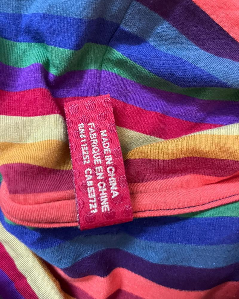 Apple Bottoms Rainbow Striped Short Sleeve Cowl Neck Top with Gold Graphic Print - Size L