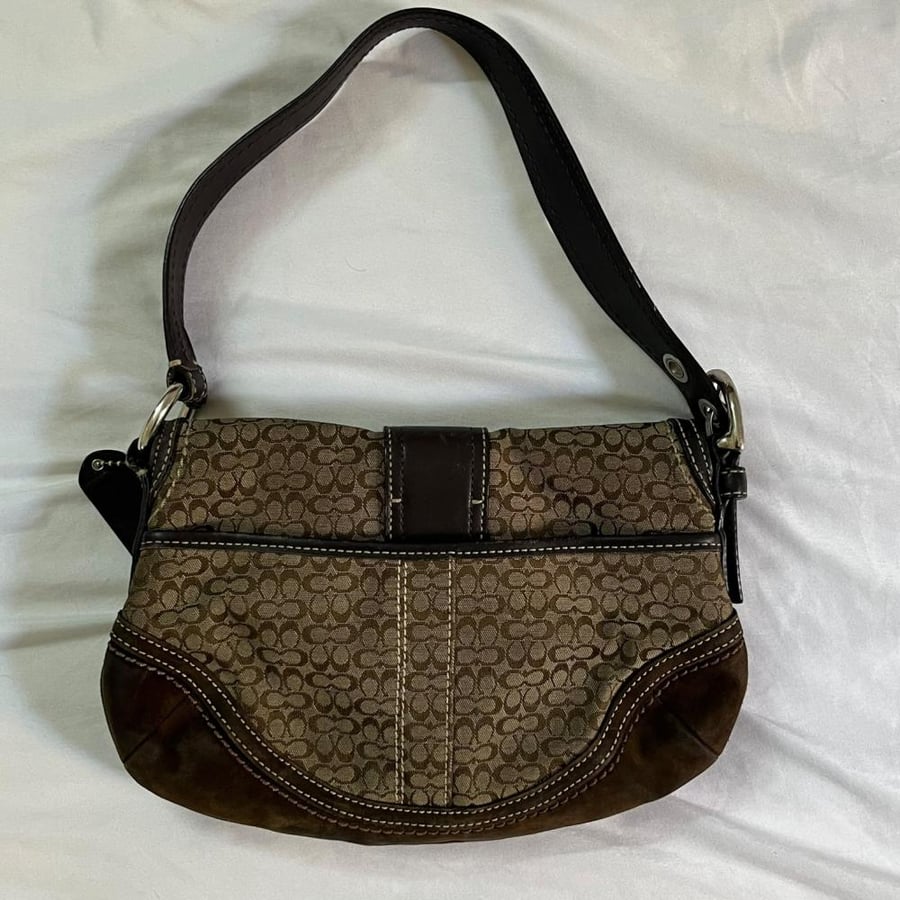 Coach Brown Signature Canvas Belted Shoulder Bag with Buckle Detail