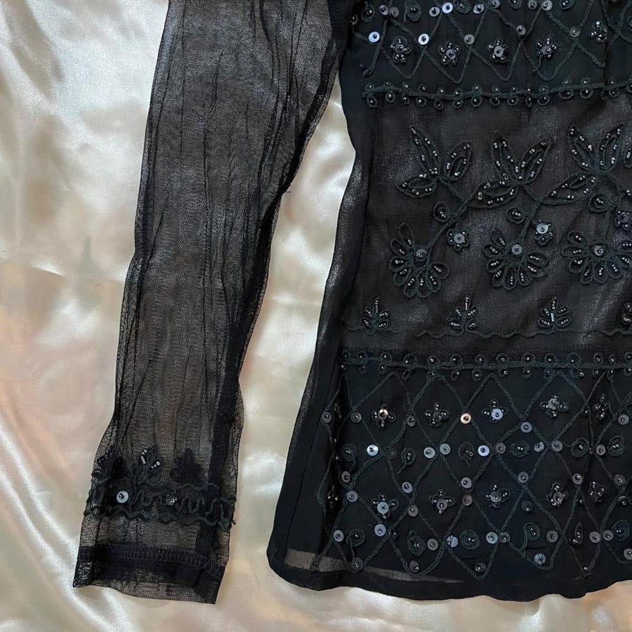 René Derhy Black Sheer Beaded & Sequined Long Sleeve Shirt - Size s
