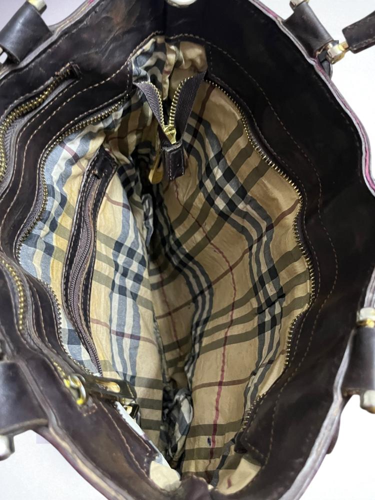 Burberry Brown and Beige Checkered Leather Tote Bag