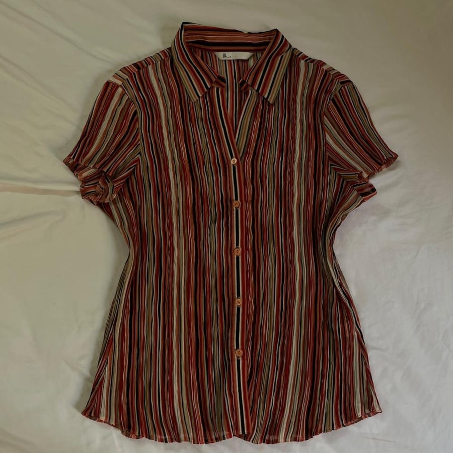 BHS Multi-Color Striped Pleated Button-Down Shirt - Size 14