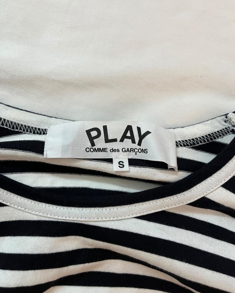 PLAY Comme des Garçons Black and White Striped Long Sleeve Tee with Red Heart - Size S
