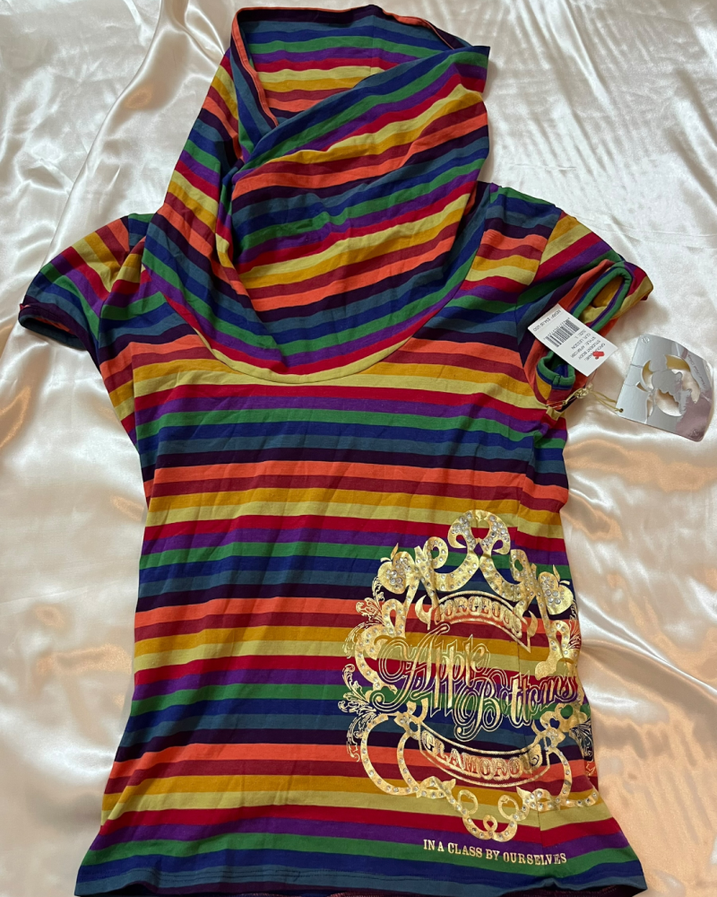 Apple Bottoms Rainbow Striped Short Sleeve Cowl Neck Top with Gold Graphic Print - Size L