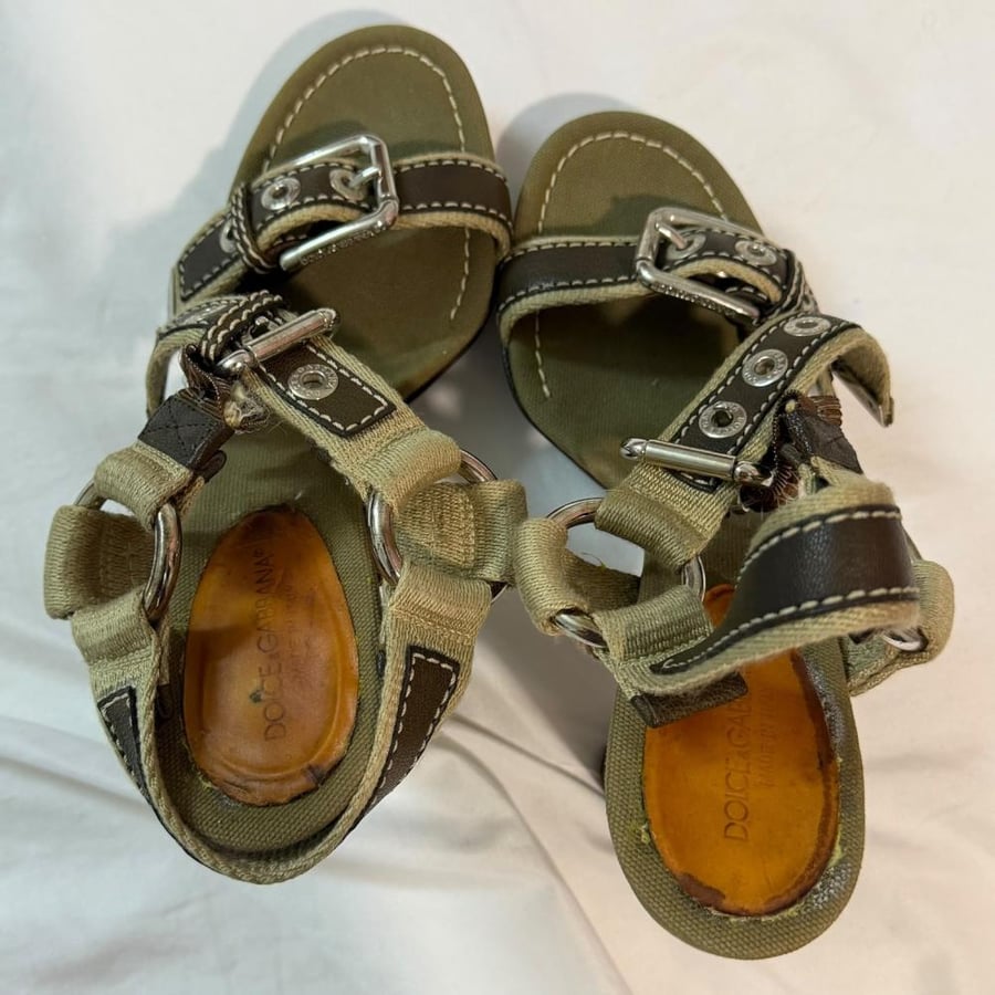Dolce & Gabbana Olive Green Canvas & Leather Strap Heeled Sandals - Size 40