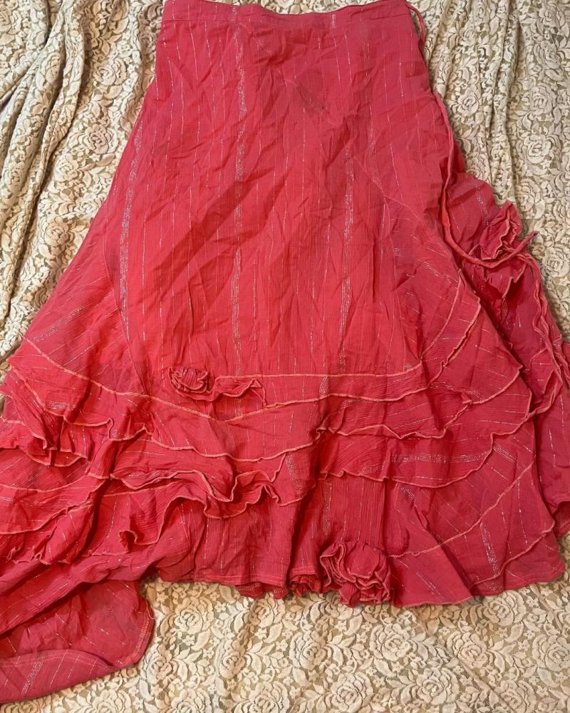 Jomana Coral Tiered Ruffle Wrap Skirt with Metallic Stripes - Size 32
