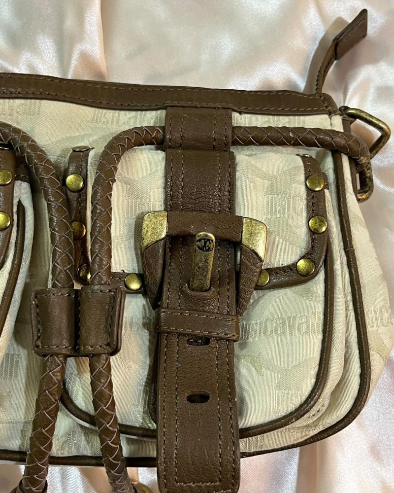 Just Cavalli Beige Logo Canvas & Brown Leather Pocket Shoulder Bag - Authentic Bag with Non-Original Strap