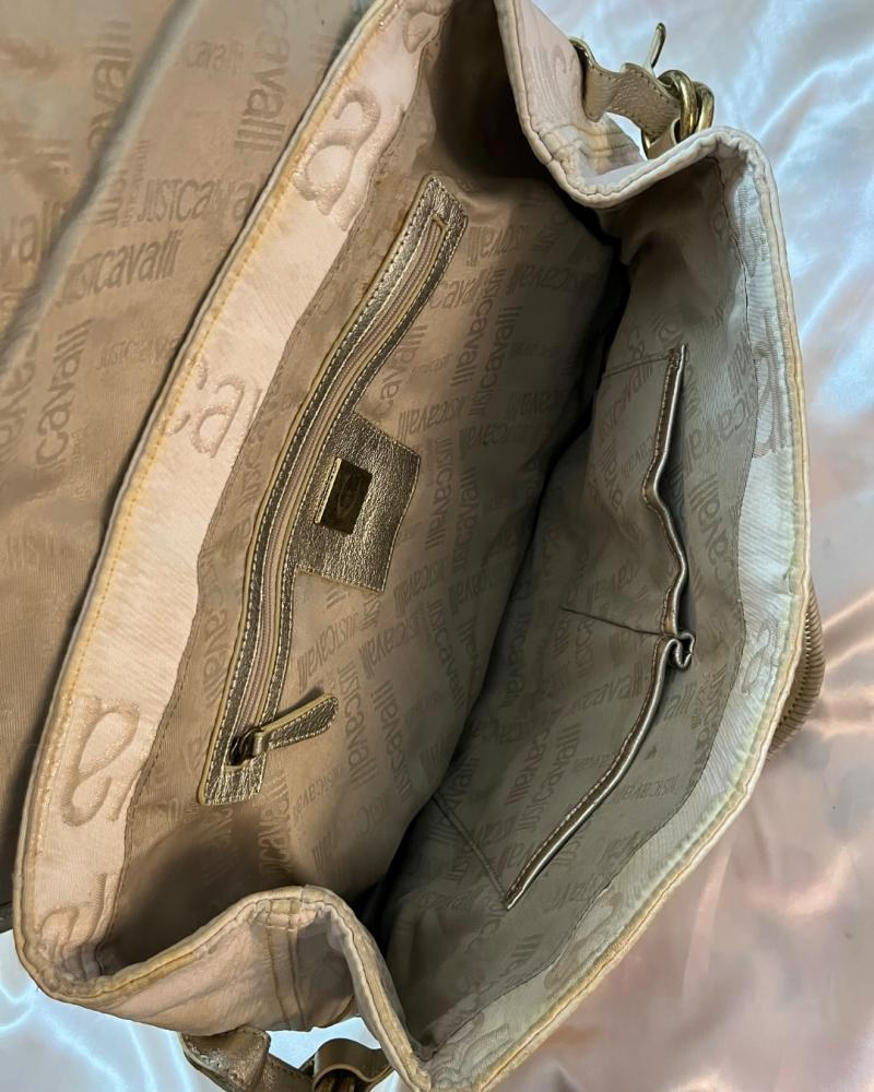 Just Cavalli Beige and Gold Logo Print Shoulder Bag
