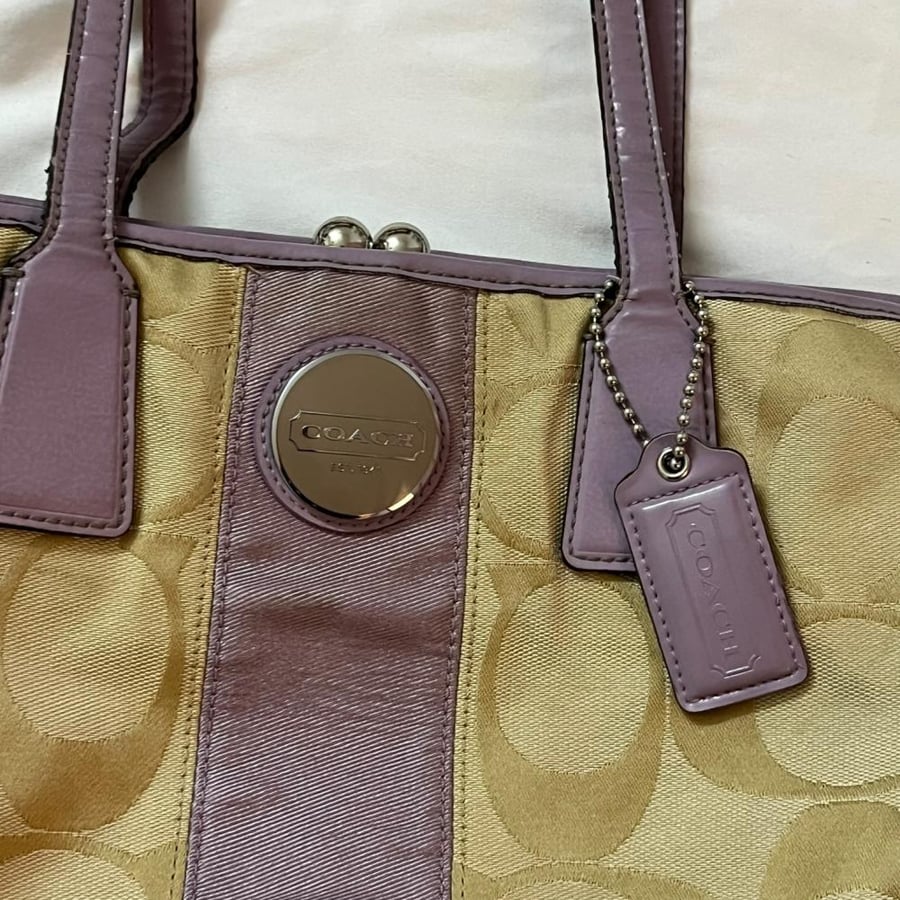 Coach Beige Monogram Tote Bag with Purple Detail