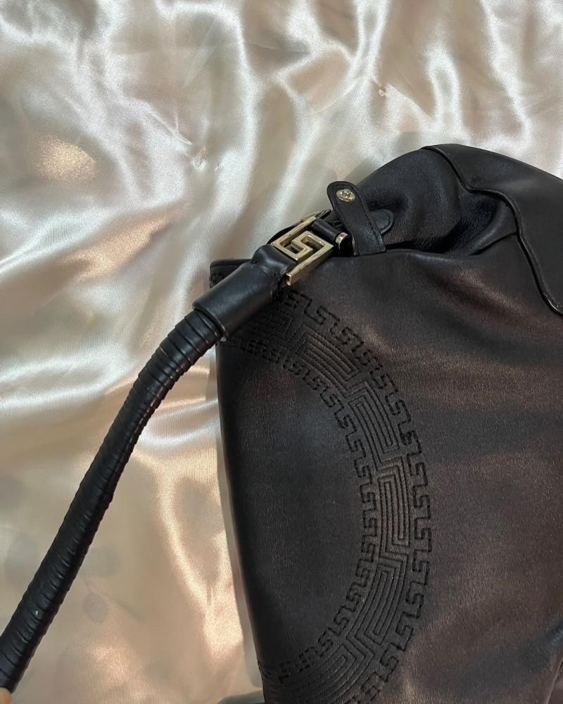 Versace Black Leather Shoulder Bag with Medusa Emblem and Greek Key Border