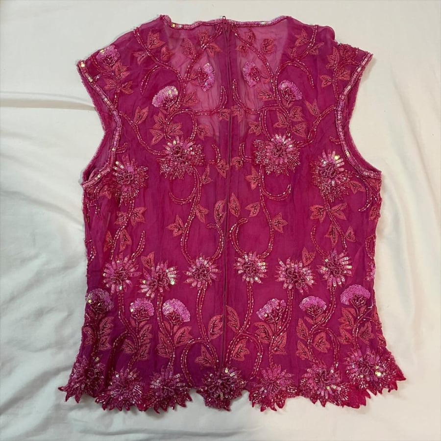Aftershock Magenta Floral Beaded Short Sleeve Top - Size S-M