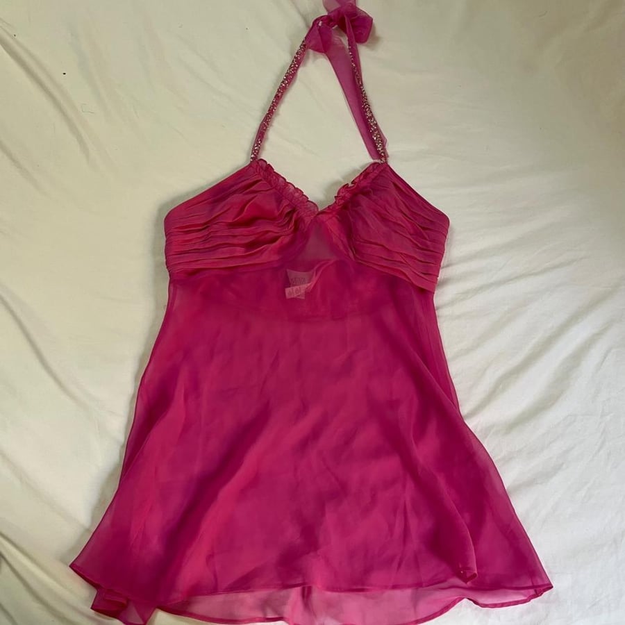 La Senza Pink Sheer Chiffon Halter Top with Embellished Neckline - Size L