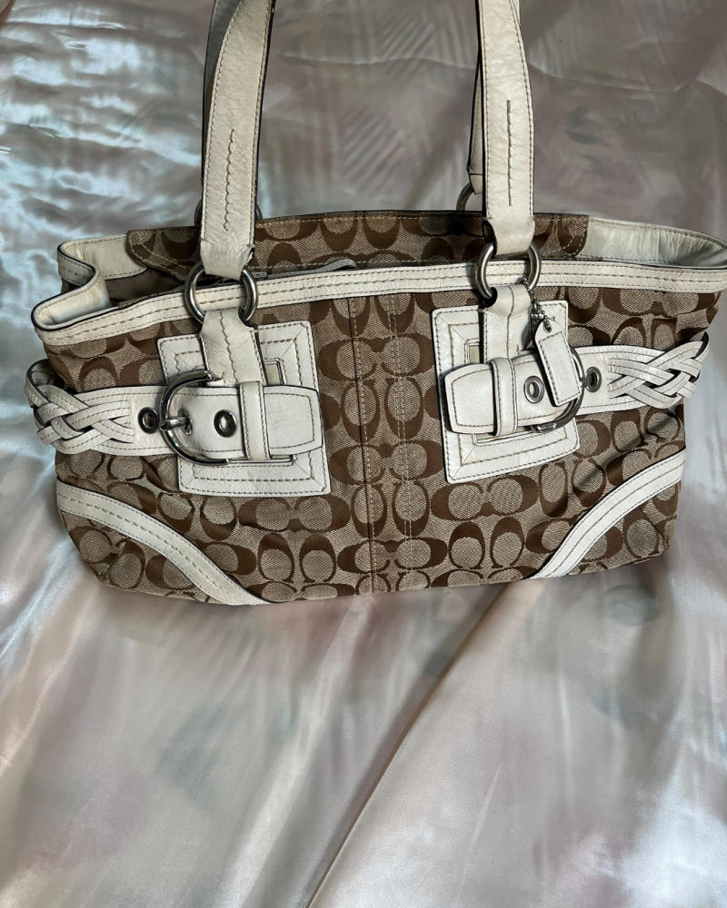 Coach Monogram Canvas & White Leather Braided Trim Satchel / Shoulder Bag