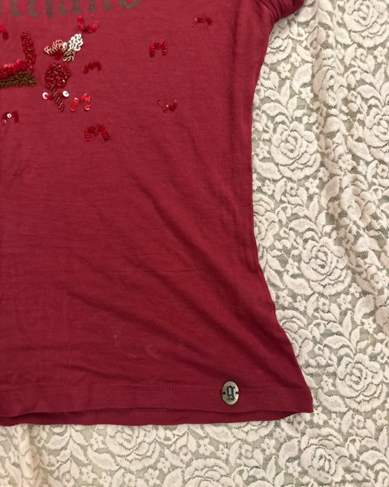 Galliano Burgundy Sequined Short Sleeve T-Shirt - Size M