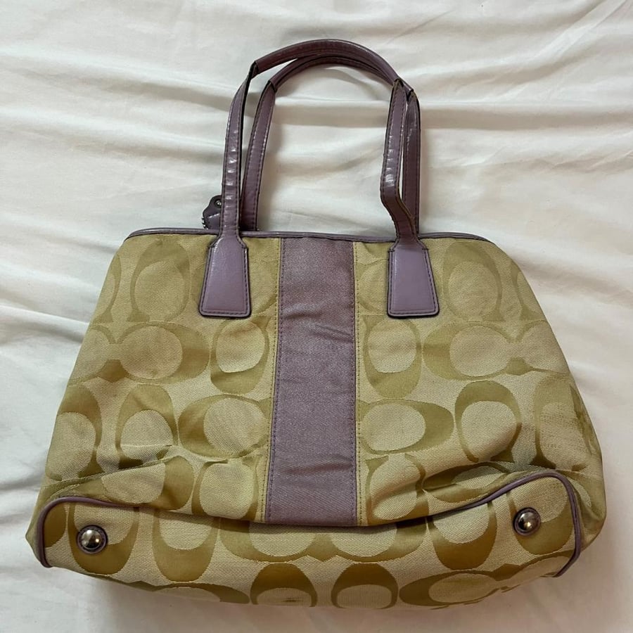 Coach Beige Monogram Tote Bag with Purple Detail
