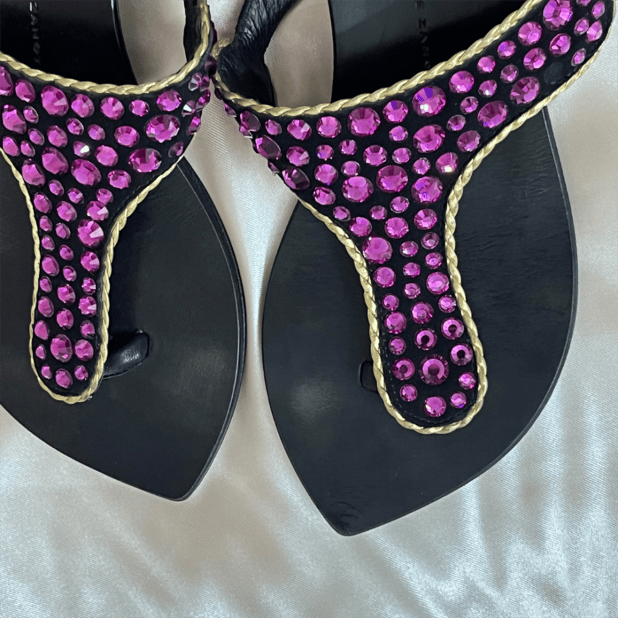 Giuseppe Zanotti Black Suede Purple Crystal Thong Sandals - Size 38.5