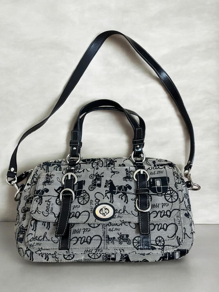 Coach F14035 Chelsea Horse And Carriage Satchel Double Handle Purse Black CanvasCoach