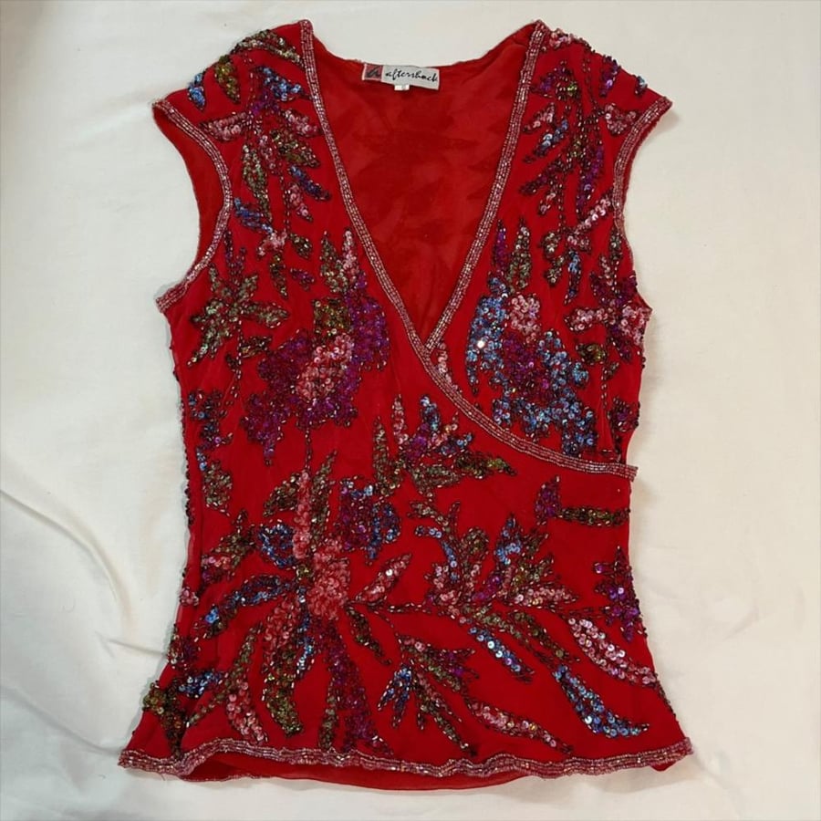 Aftershock Red Floral Beaded Short Sleeve Top - Size S
