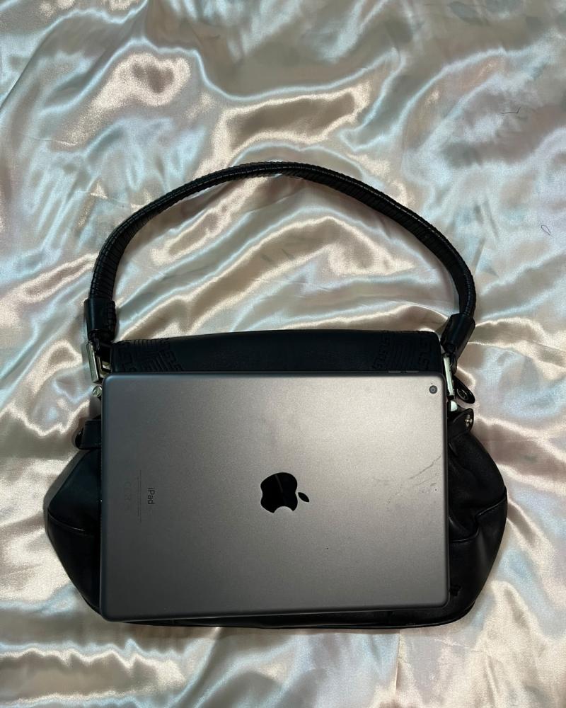 Versace Black Leather Shoulder Bag with Medusa Emblem and Greek Key Border