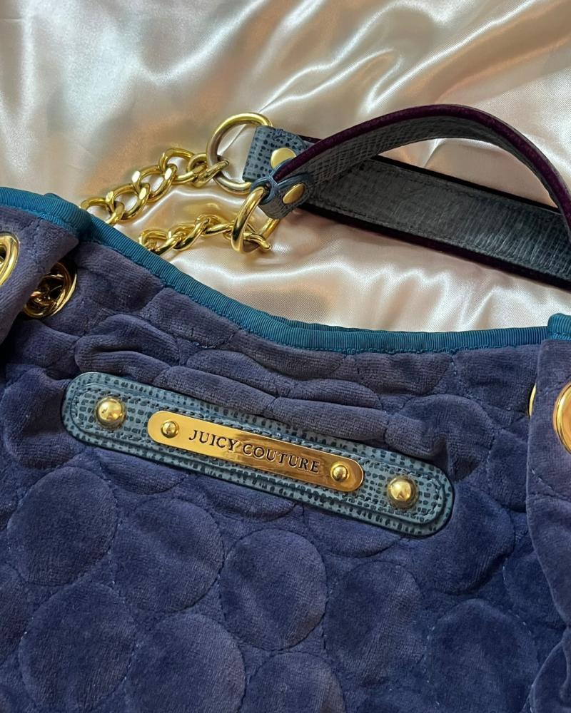 Juicy Couture Navy Blue Velvet Quilted Chain Shoulder Bag