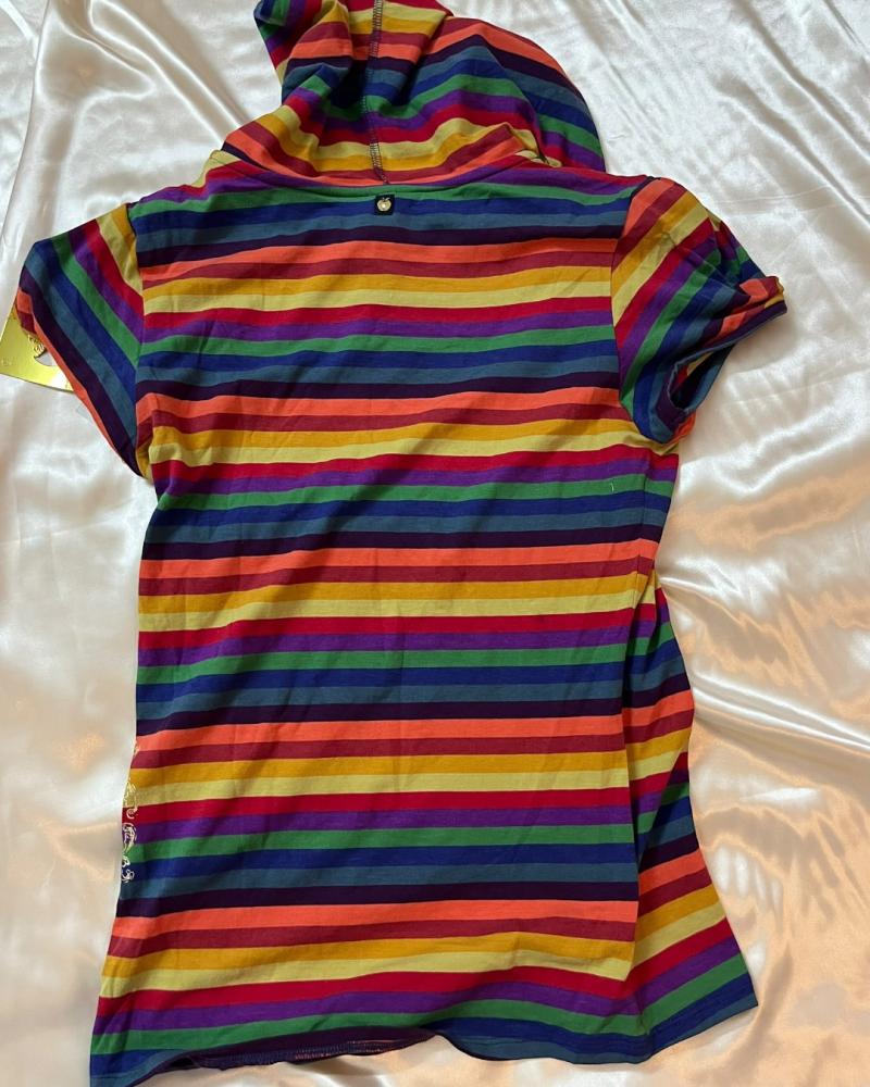 Apple Bottoms Rainbow Striped Short Sleeve Cowl Neck Top with Gold Graphic Print - Size L