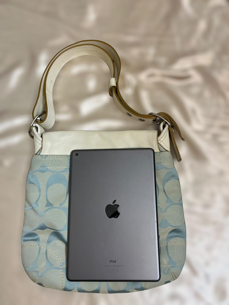 Coach Blue and White Monogram Flap Shoulder Bag