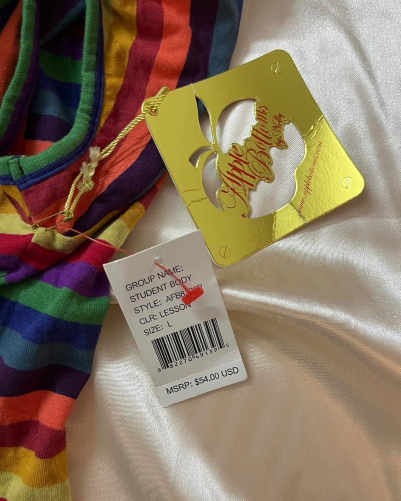Apple Bottoms Rainbow Striped Short Sleeve Cowl Neck Top with Gold Graphic Print - Size L