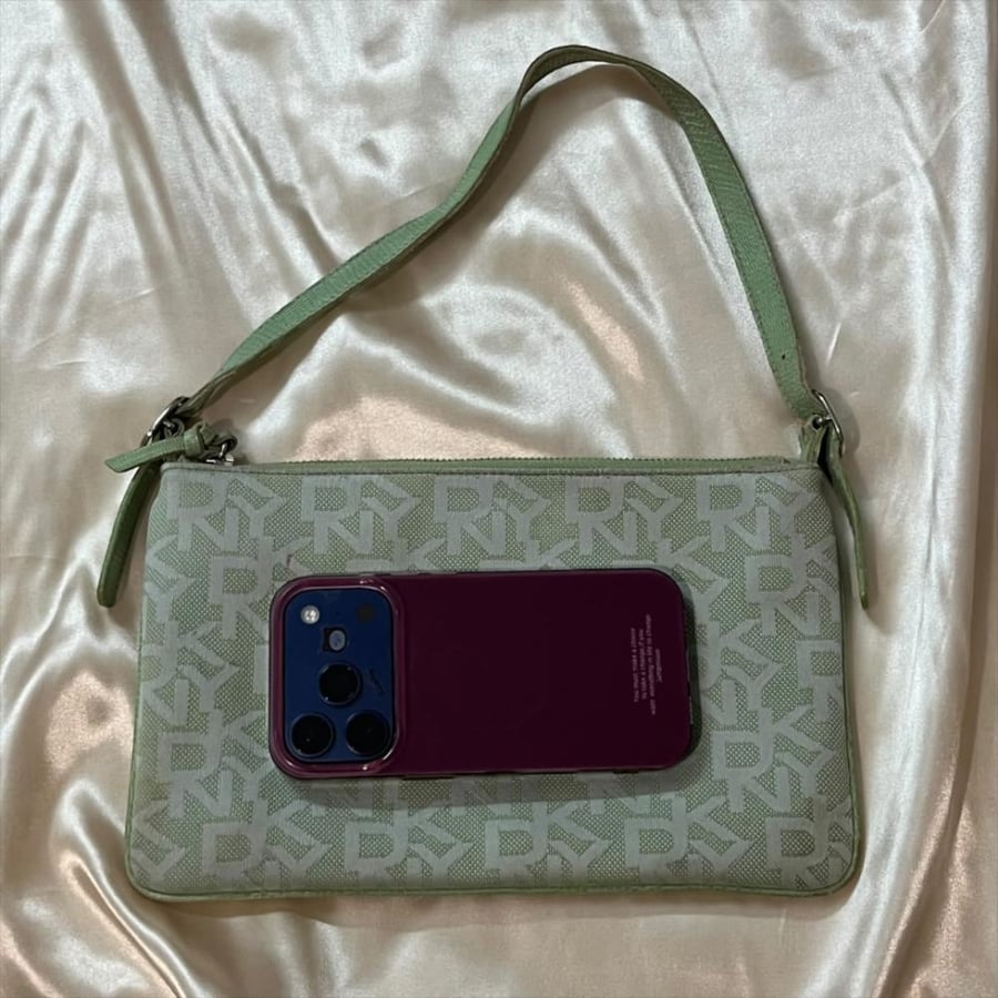 DKNY Sage Green Monogram Canvas Shoulder Bag
