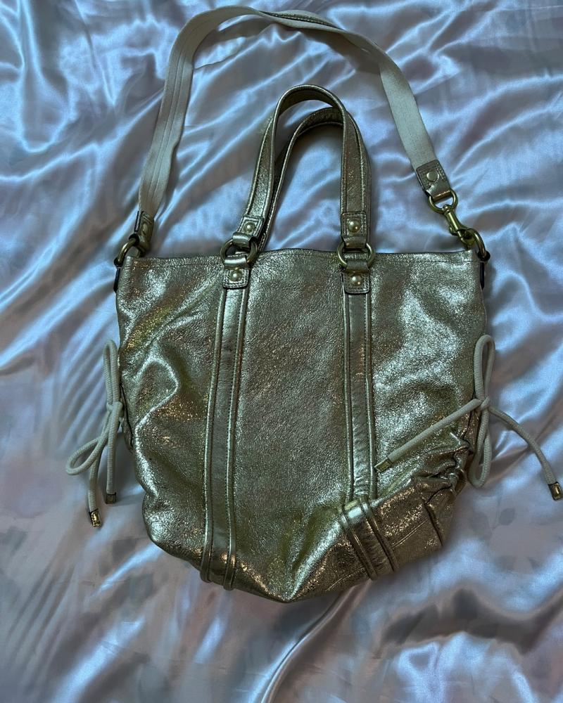 Coach Gold Metallic Leather Poppy Zippered Tote Bag