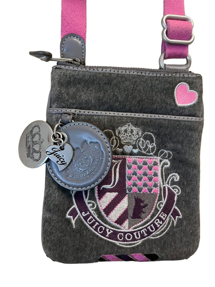 Juicy Couture Gray Pink Crossbody Purse Scotty Crest