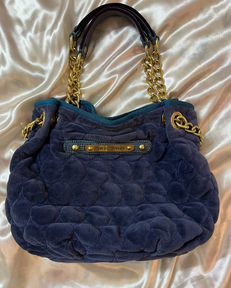 Juicy Couture Navy Blue Velvet Quilted Chain Shoulder Bag