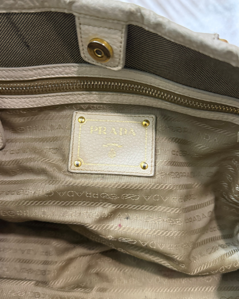 Prada Brown Canvas Tote Bag with White Leather Handles