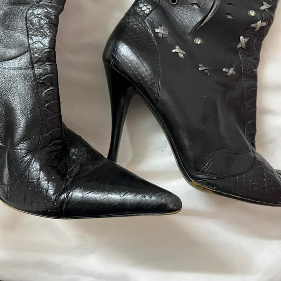 Black Leather High Heel Boots with Side Lacing and Rhinestone Detailing - Size 39