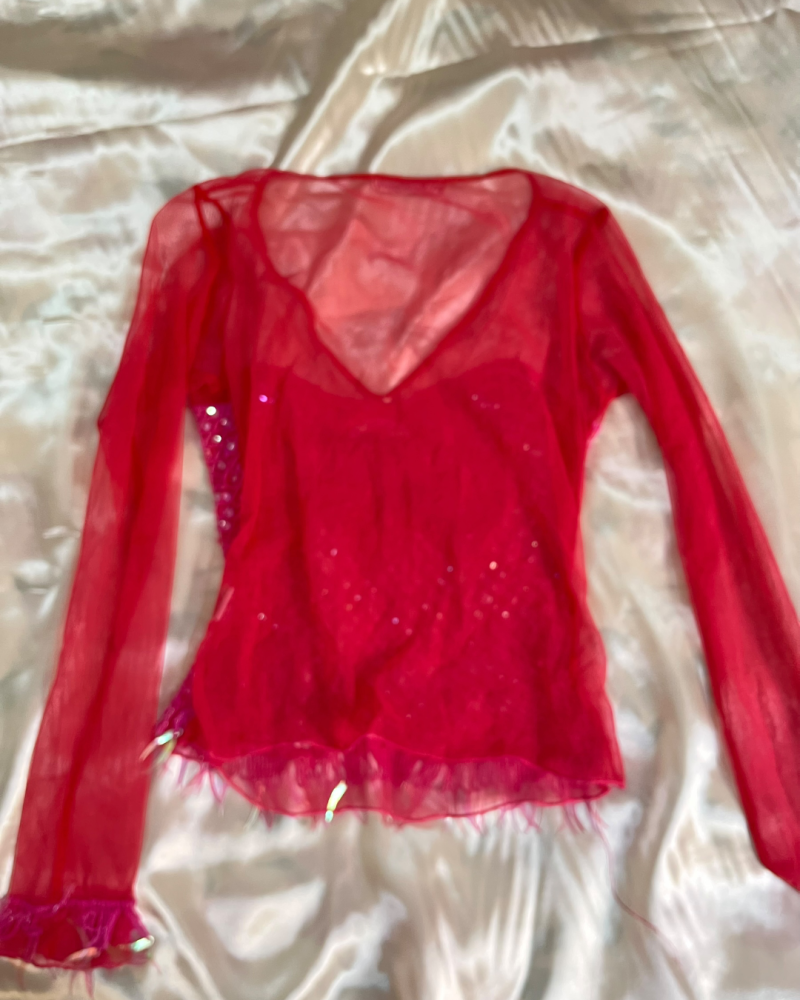 René Derby Red Sequined Mesh V-Neck Long-Sleeve Top - Size S