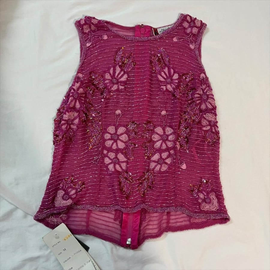 /Aftershock Fuchsia Floral Beaded Mesh Sleeveless Top - Size M/L