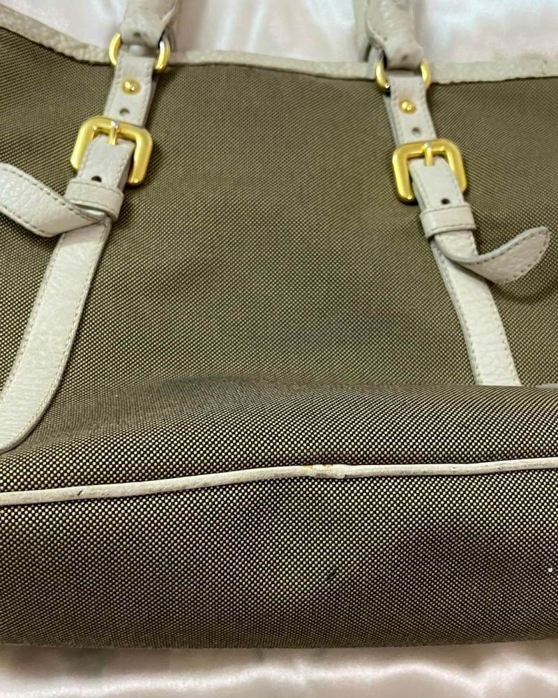 Prada Brown Canvas Tote Bag with White Leather Handles