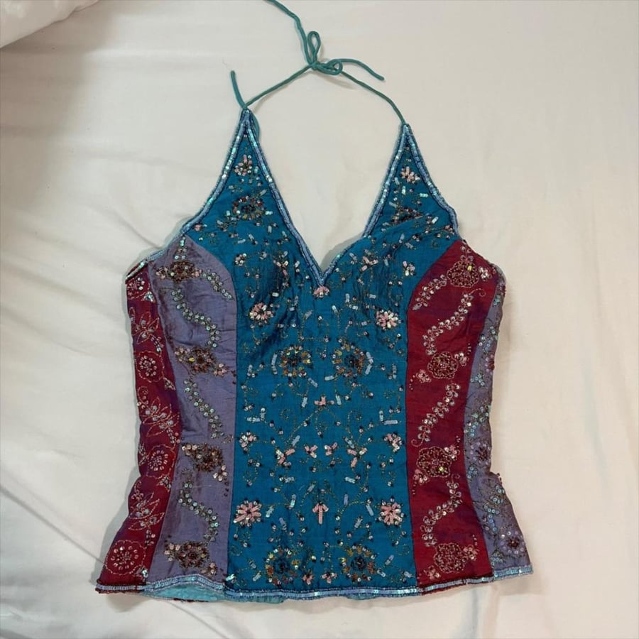 Aftershock Turquoise Silk Beaded Halter Top - Size M