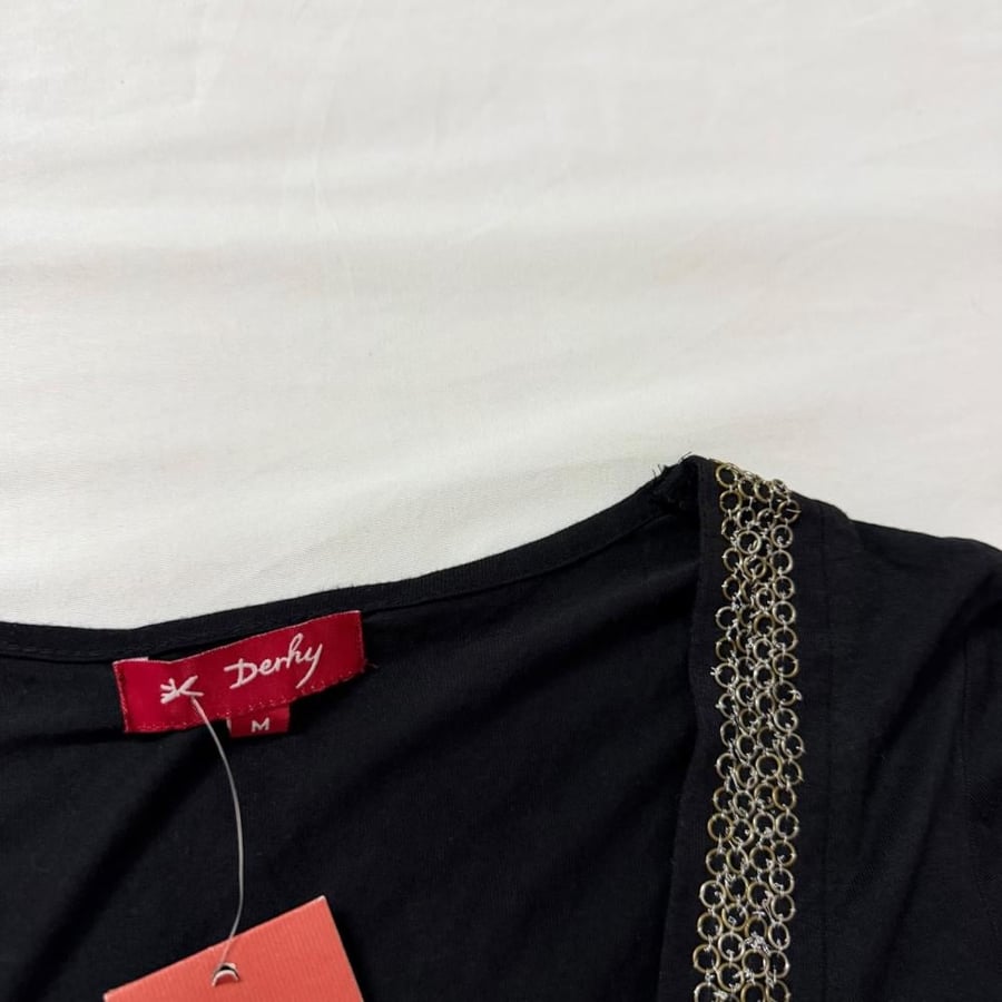 Derhy Black Long Sleeve Top with Ring-Embellished Scoop Neckline - Size M