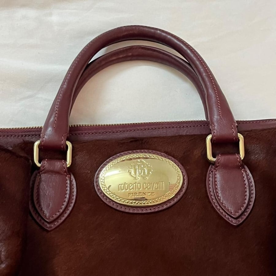 Roberto Cavalli Burgundy Shearling Leather Tote Bag