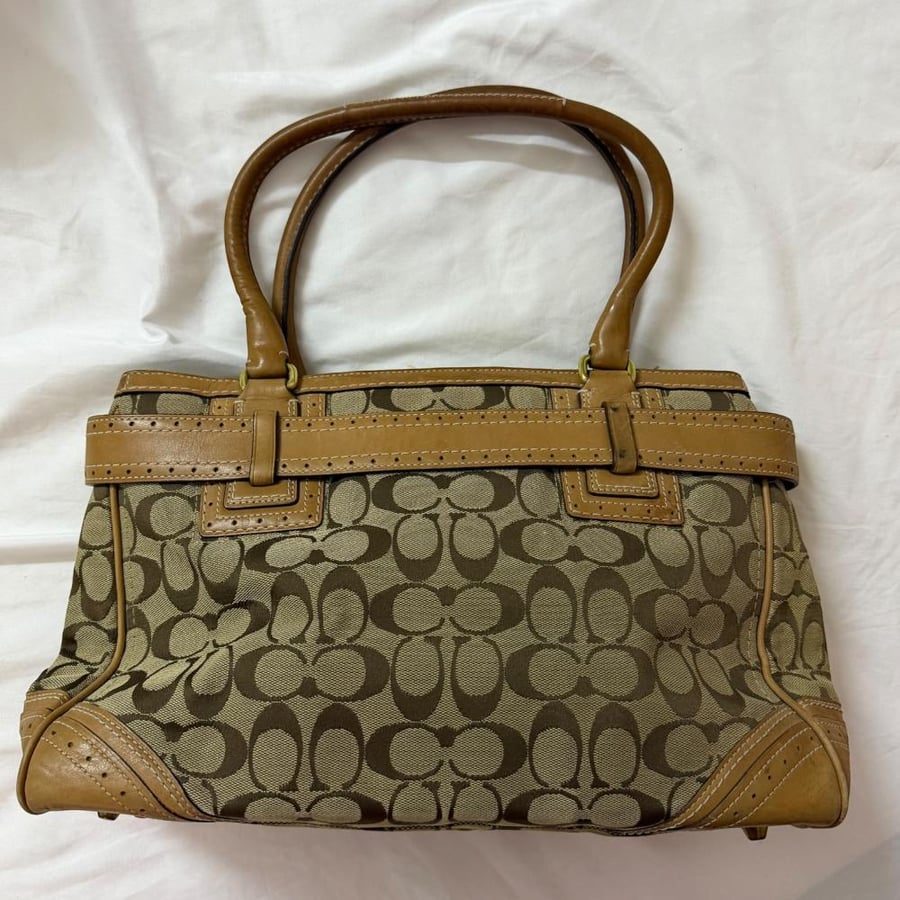 Coach Monogram Brown Canvas Shoulder Bag with Leather Trim and Tassel