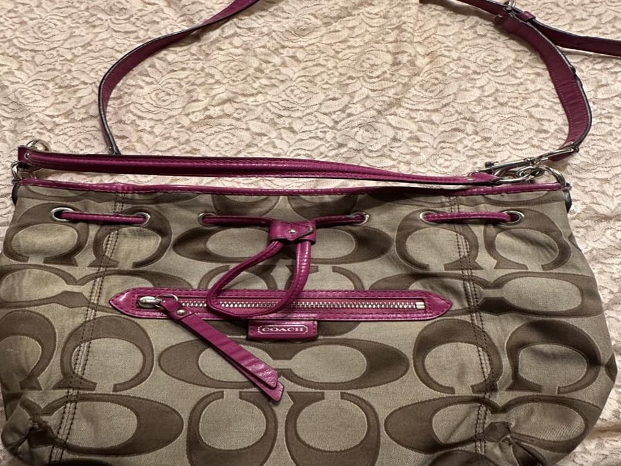 Coach #F25675 Daisy Outline Signature Monogram Drawstring Khaki Raspberry Pink