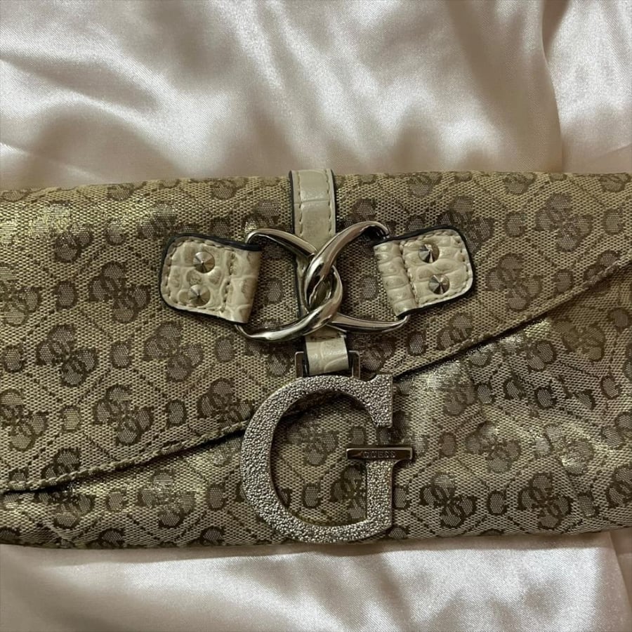 Guess Gold Monogram Canvas Clutch Bag